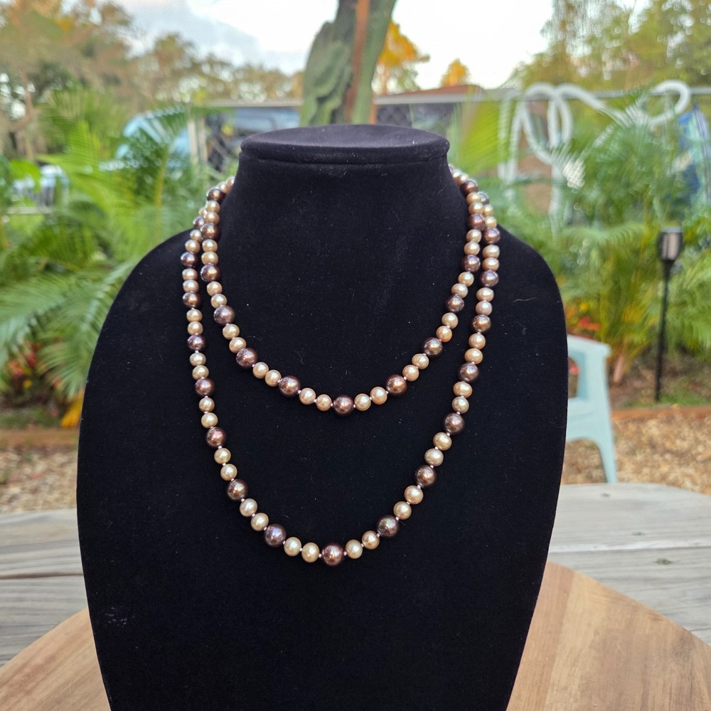 VINTAGE PEARL STRAND NECKLACE 14K GOLD FILIGREE CLASP SIGNED WW BROWN IVORY